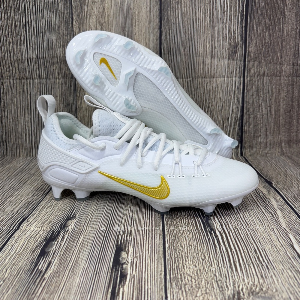 Nike Huarache 9 Elite Low LAX SE Lacrosse White/Gold Mens sizes FD0089-100